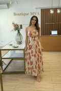 Maxi Clothig straple beige flores rojas