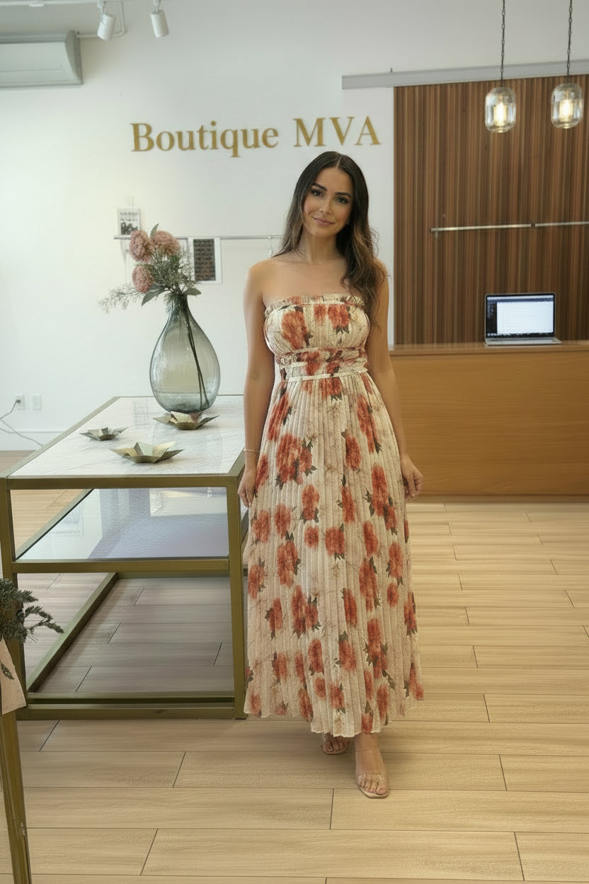 Maxi Clothig straple beige flores rojas