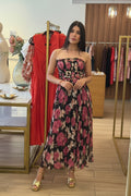 Maxi Clothing straple negro flores rojas